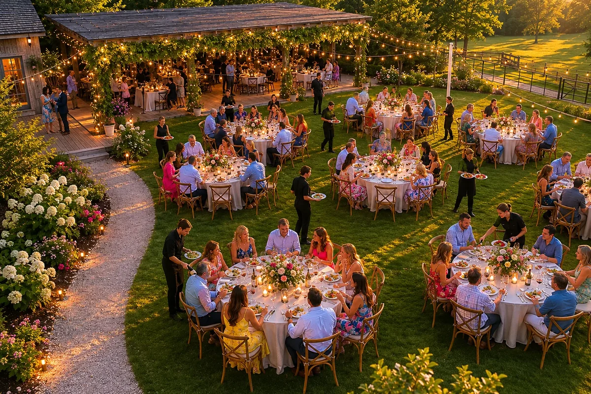 Full service catering event with outdoor dining and string lights