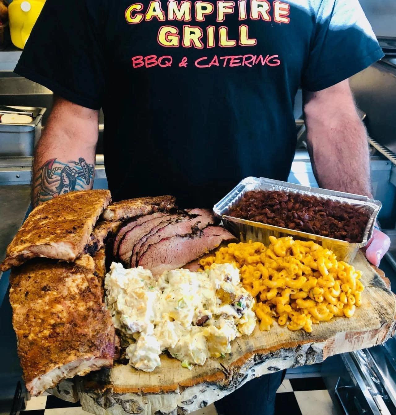 Campfire Grill BBQ platter with ribs, brisket, mac and cheese