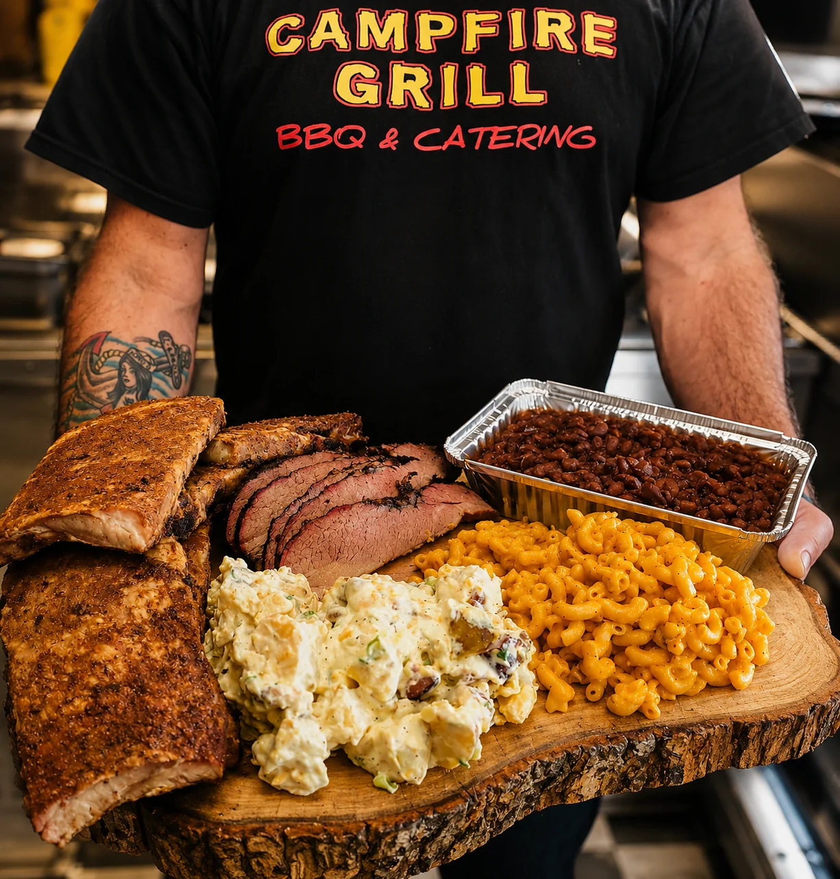 Campfire Grill BBQ spread — ribs, brisket, sides